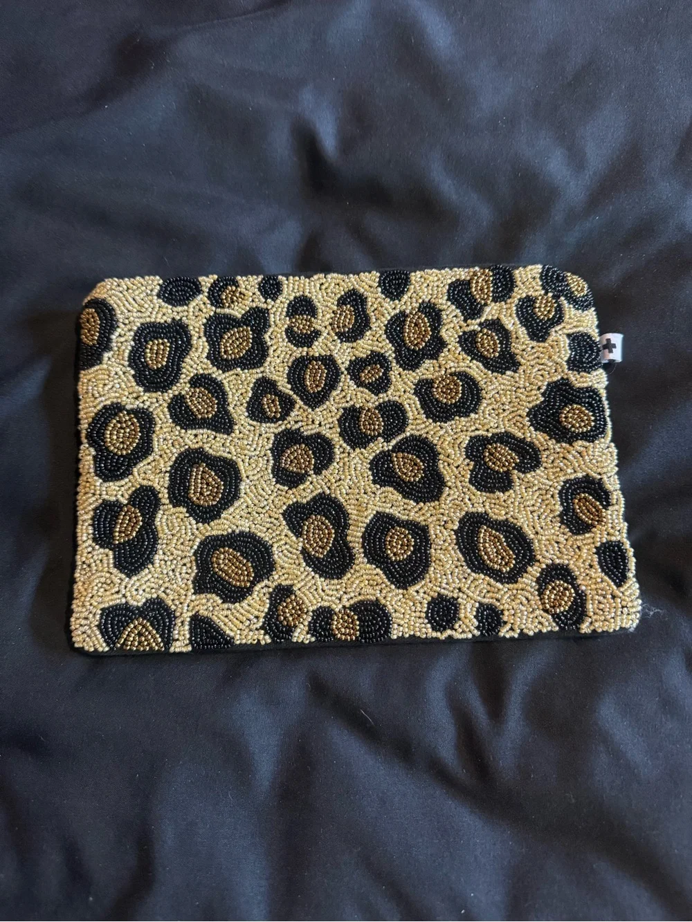 Beaded Leopard Print Zip Pouch - Black & Tan
